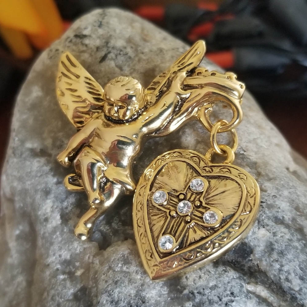 Crystal Glory of the Cross Angel And Heart Brooch Vintage